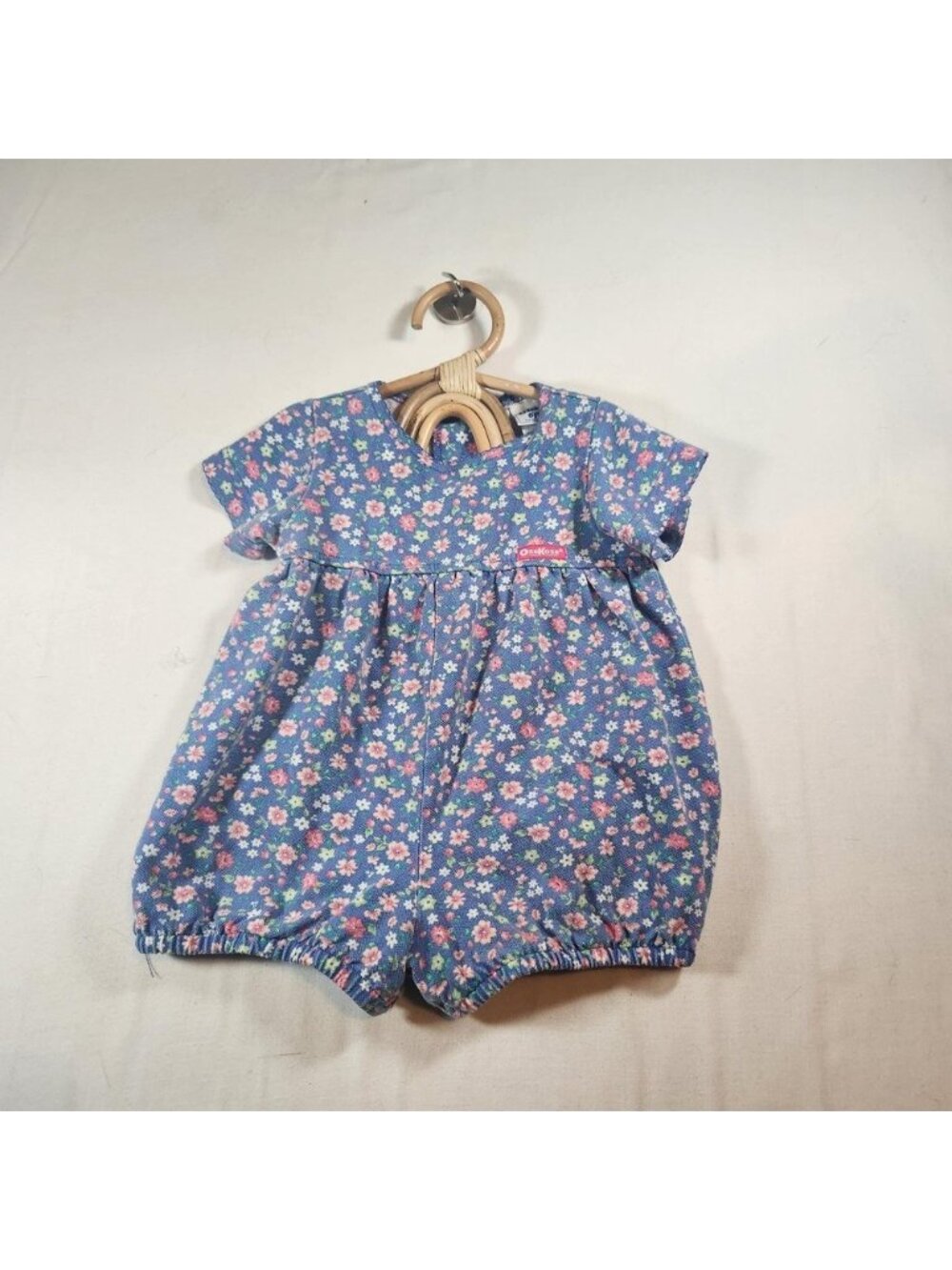 Vintage OshKosh Bgosh Baby Girl Floral Romper 18M Blue Pique Bubble One Piece